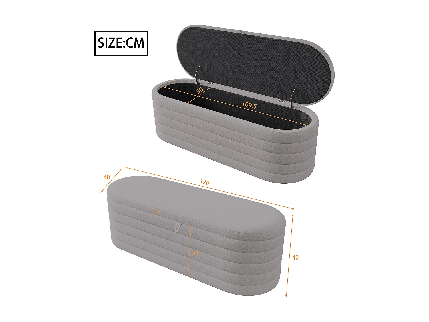 Banc de rangement 120x40x40 cm - en tissu peluche - Gris