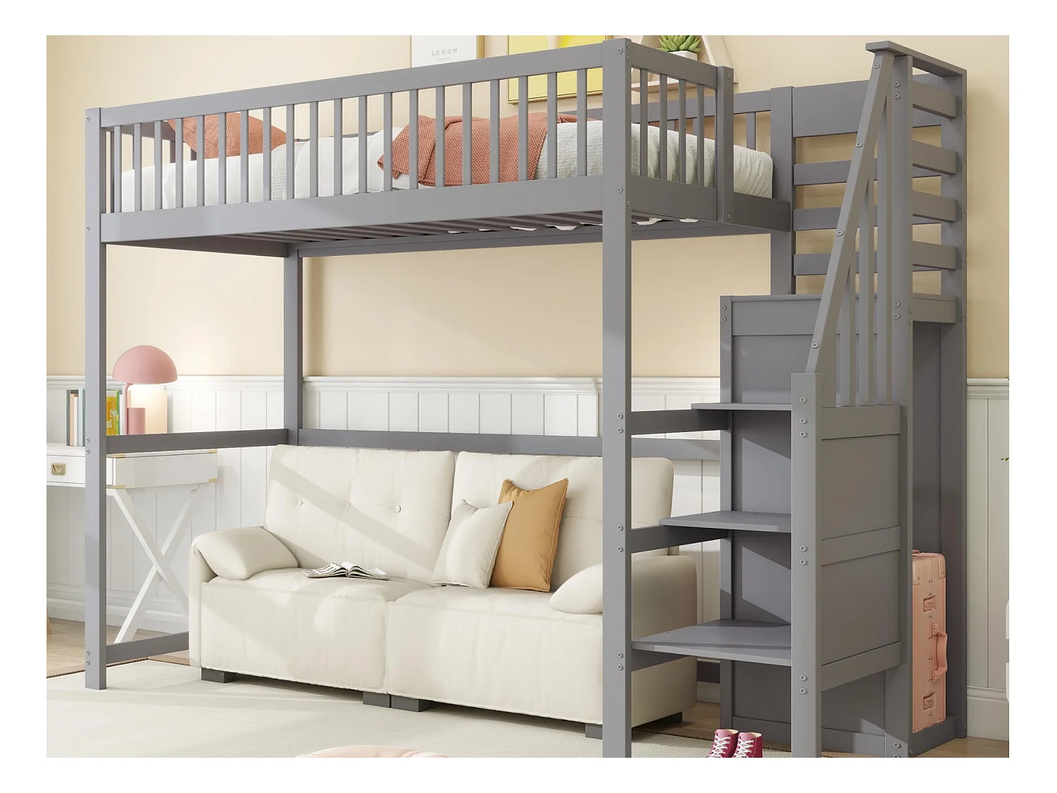 Lit mezzanine 90x200cm en bois - avec une armoire - Gris