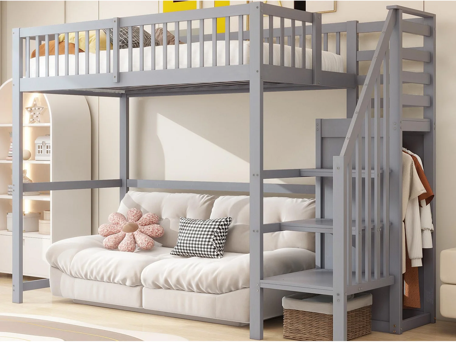 Lit mezzanine 90x200cm en bois - avec une armoire - Gris