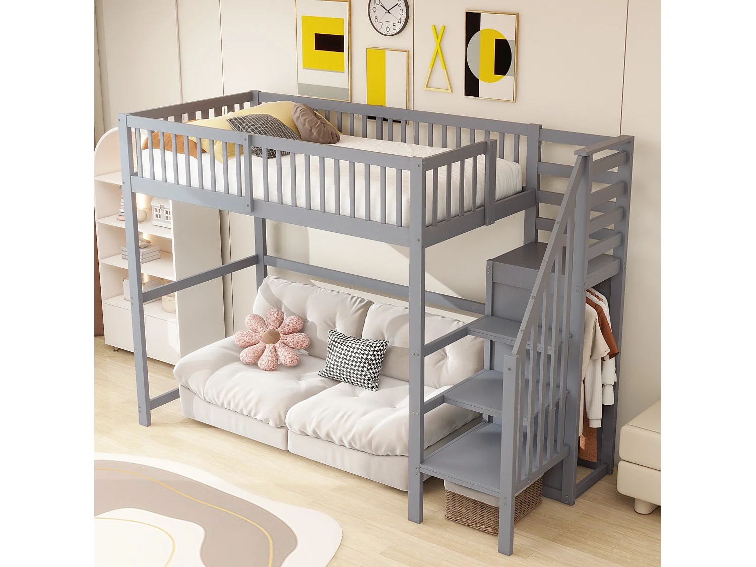 Lit mezzanine 90x200cm en bois - avec une armoire - Gris