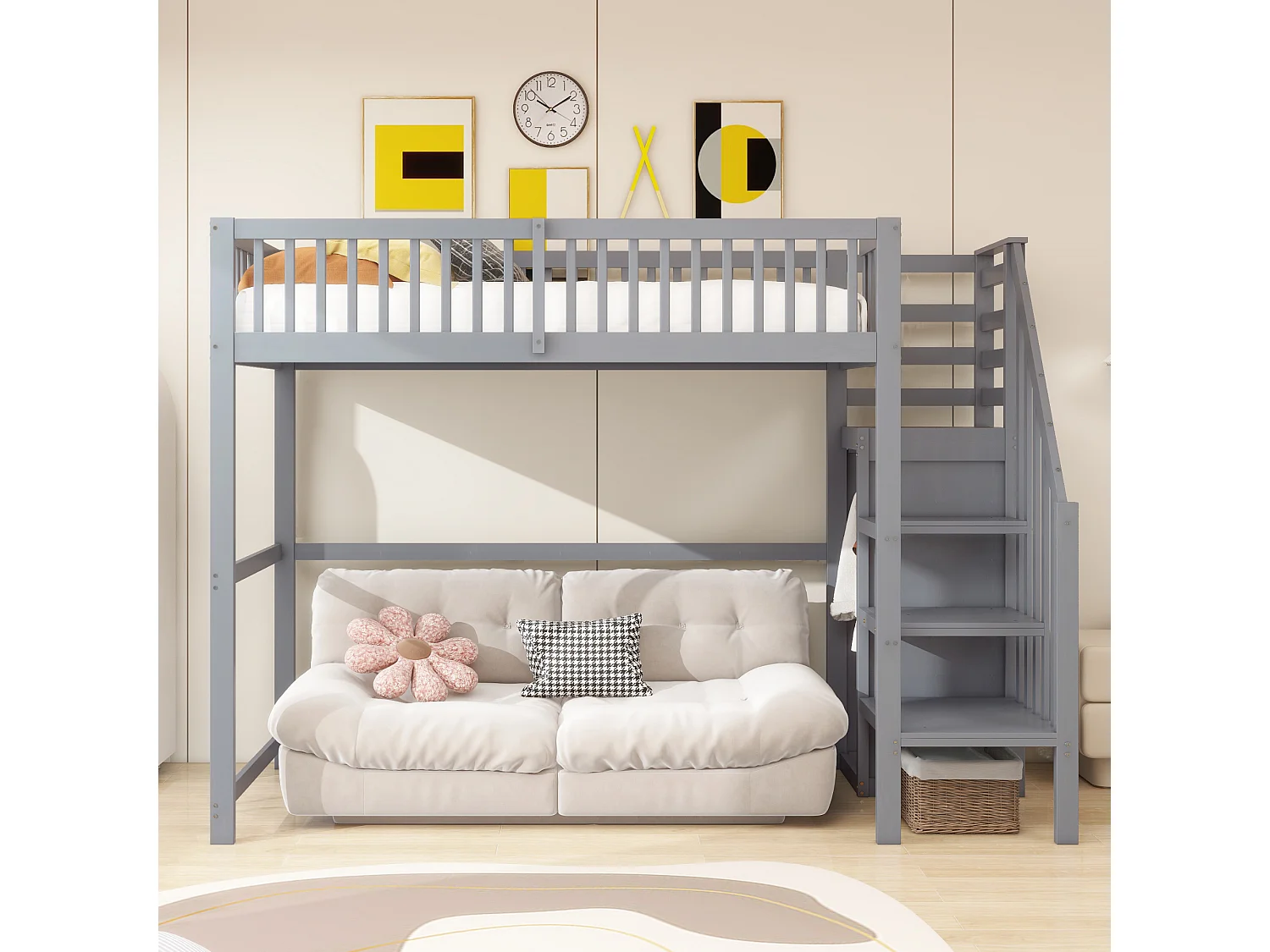 Lit mezzanine 90x200cm en bois - avec une armoire - Gris