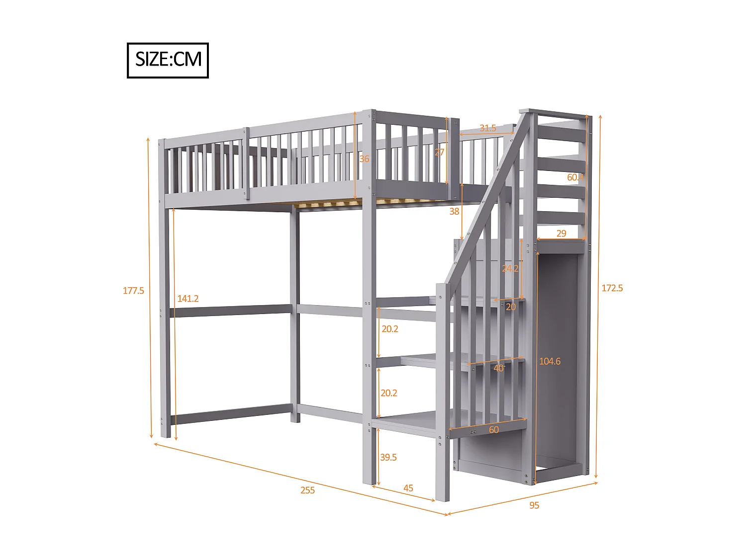 Lit mezzanine 90x200cm en bois - avec une armoire - Gris