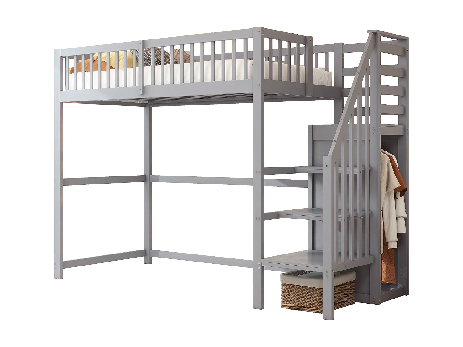 Lit mezzanine 90x200cm en bois - avec une armoire - Gris