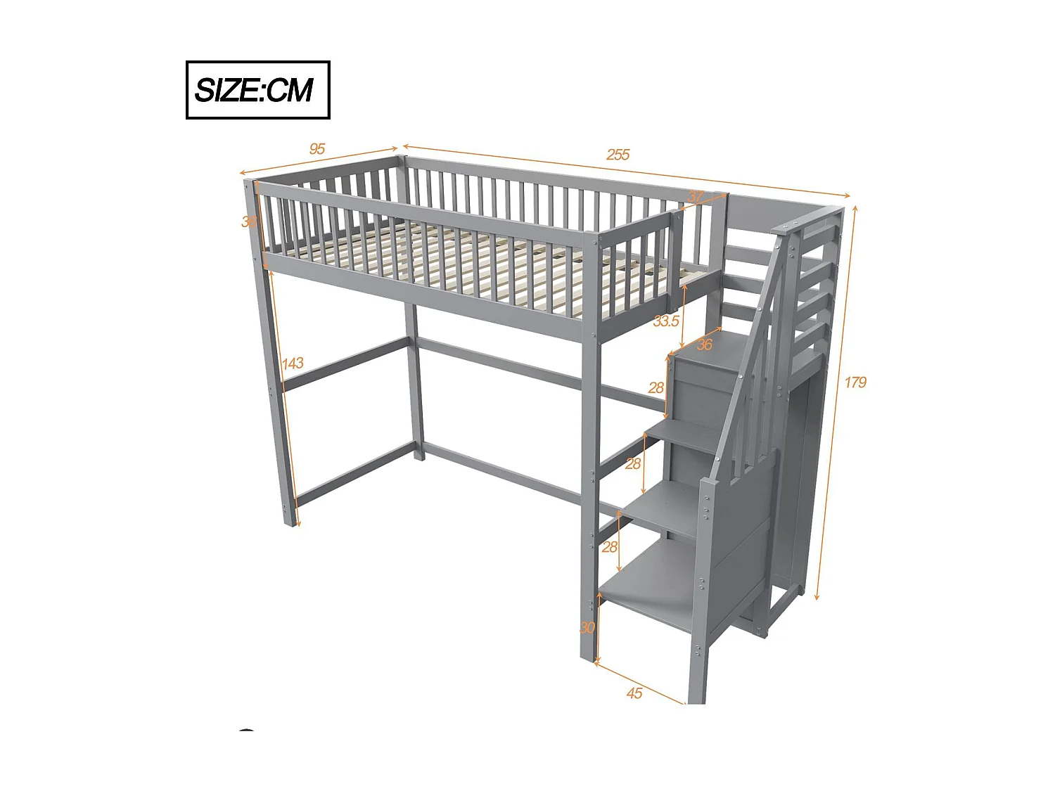 Hochbett aus Holz 90 x 200 cm – mit Kleiderschrank – Grau