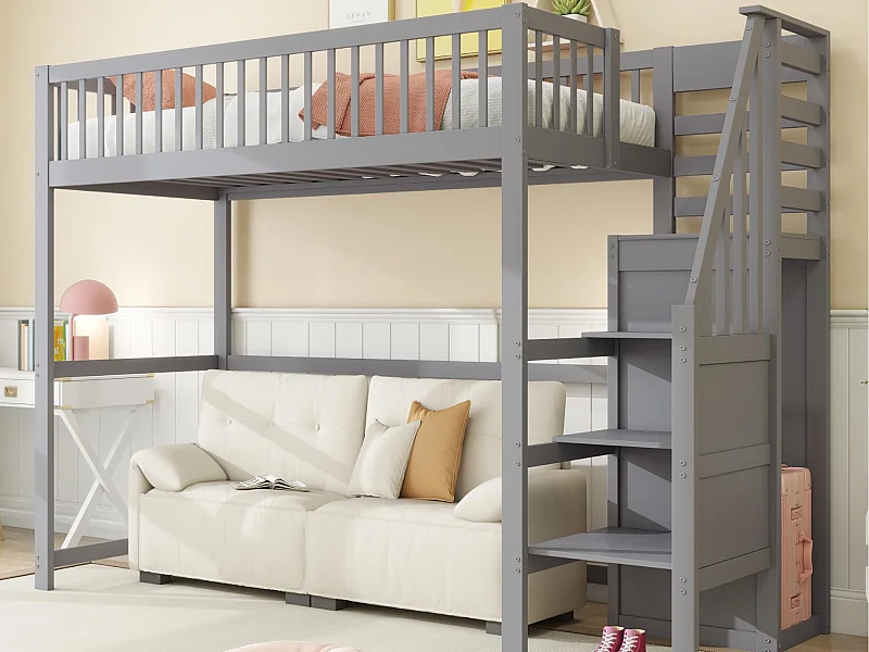 Cama mezanino em madeira 90x200cm - com roupeiro - Cinza