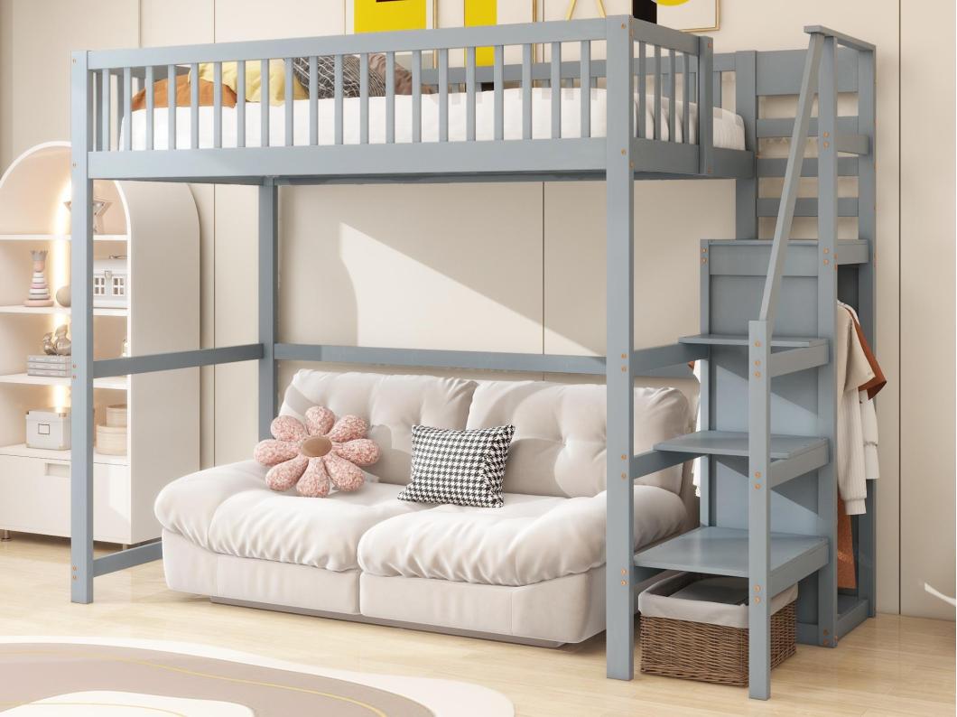 Letto soppalco in legno 90x200 cm - con armadio - Grigio