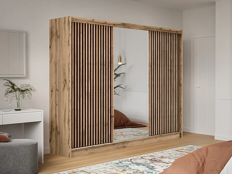 Armoire 3 portes coulissantes - Avec miroir - L250 cm - Coloris : Naturel et noir - CALOWI