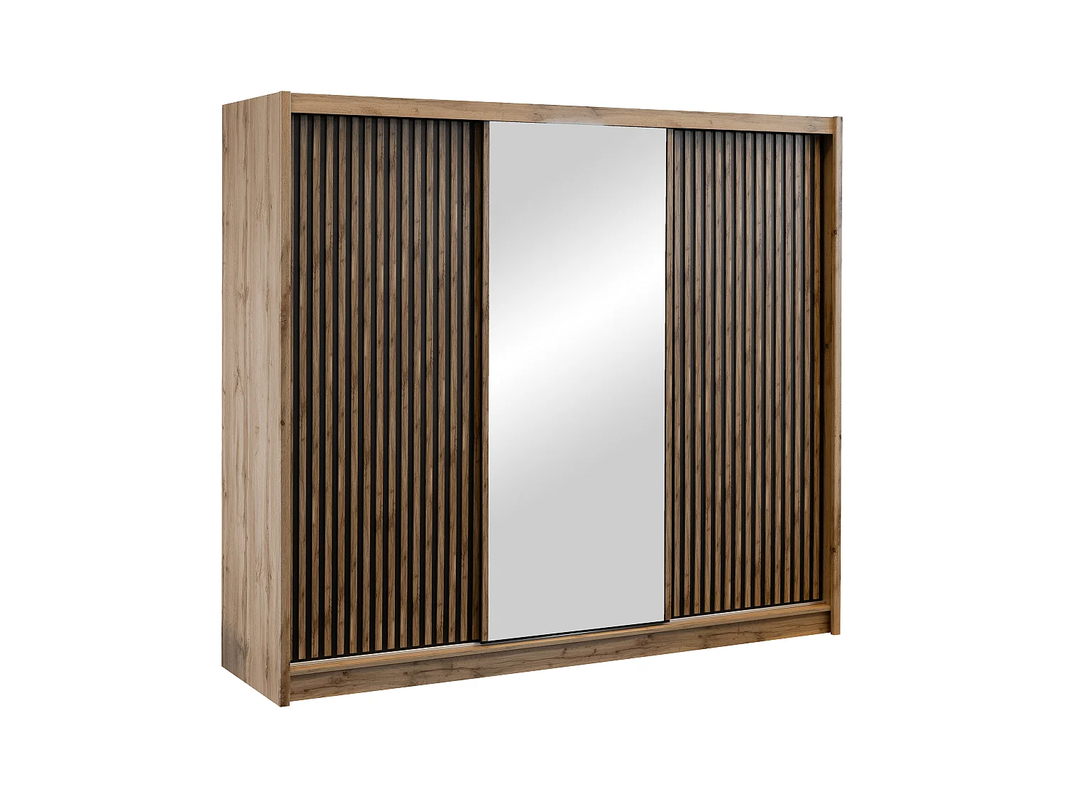 Kast met 3 schuifdeuren - Met spiegel - L250 cm - Kleur: naturel en zwart - CALOWI