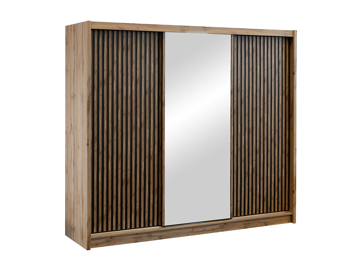 Armoire 3 portes coulissantes - Avec miroir - L250 cm - Coloris : Naturel et noir - CALOWI
