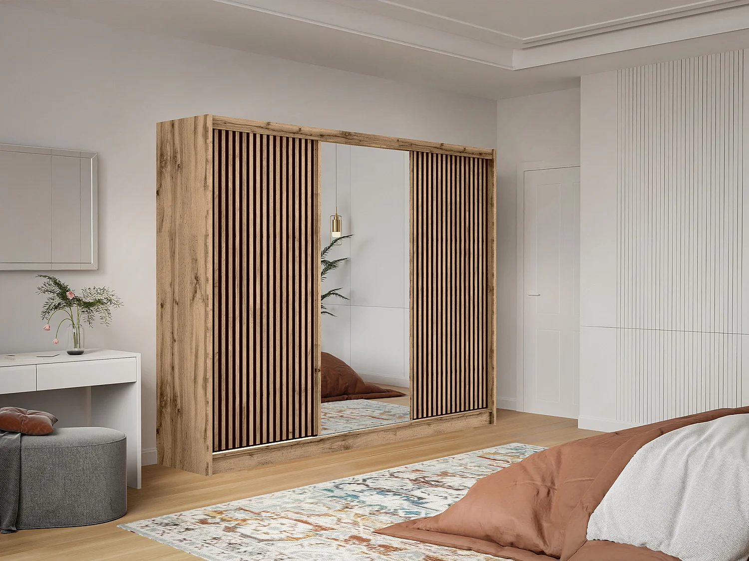 Armoire 3 portes coulissantes - Avec miroir - L250 cm - Coloris : Naturel et noir - CALOWI