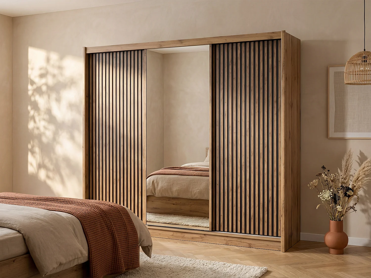 3 - Door Sliding Wardrobe - With Mirror - L250 cm - Colour: Natural and Black - CALOWI