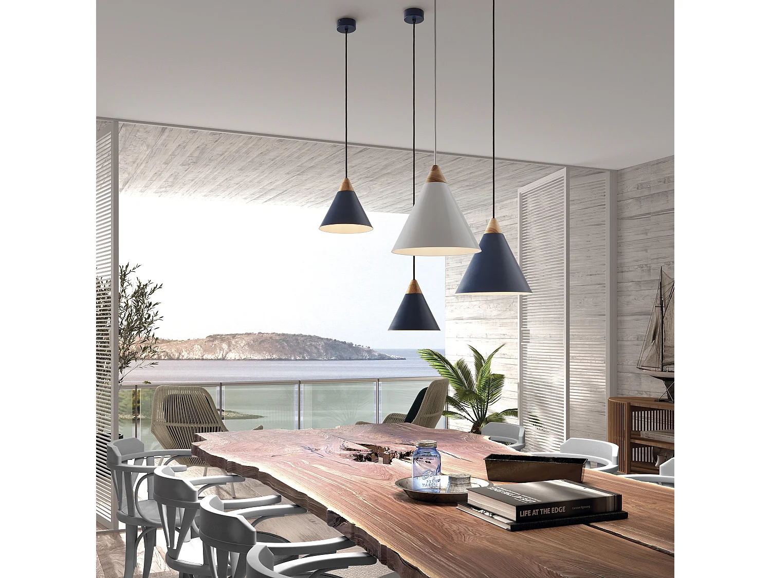 Lampada da soffitto moderna Oda-h.150cm x d.ø 20 cm-e27 60w-acciaio, legno-bianco-ip20