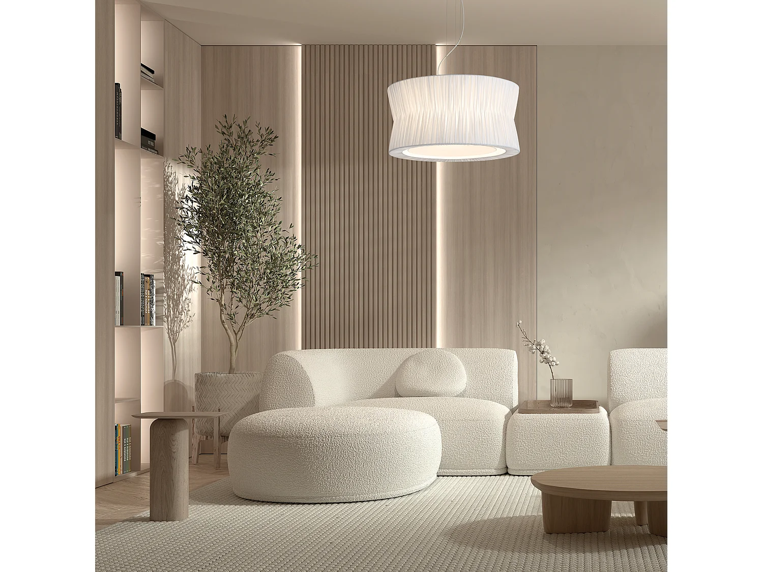 CORA plafondlamp klassieke stijl - geplooide lint lampenkap - D. ø59 cm x 3x E27 60W - staal en wit - IP20