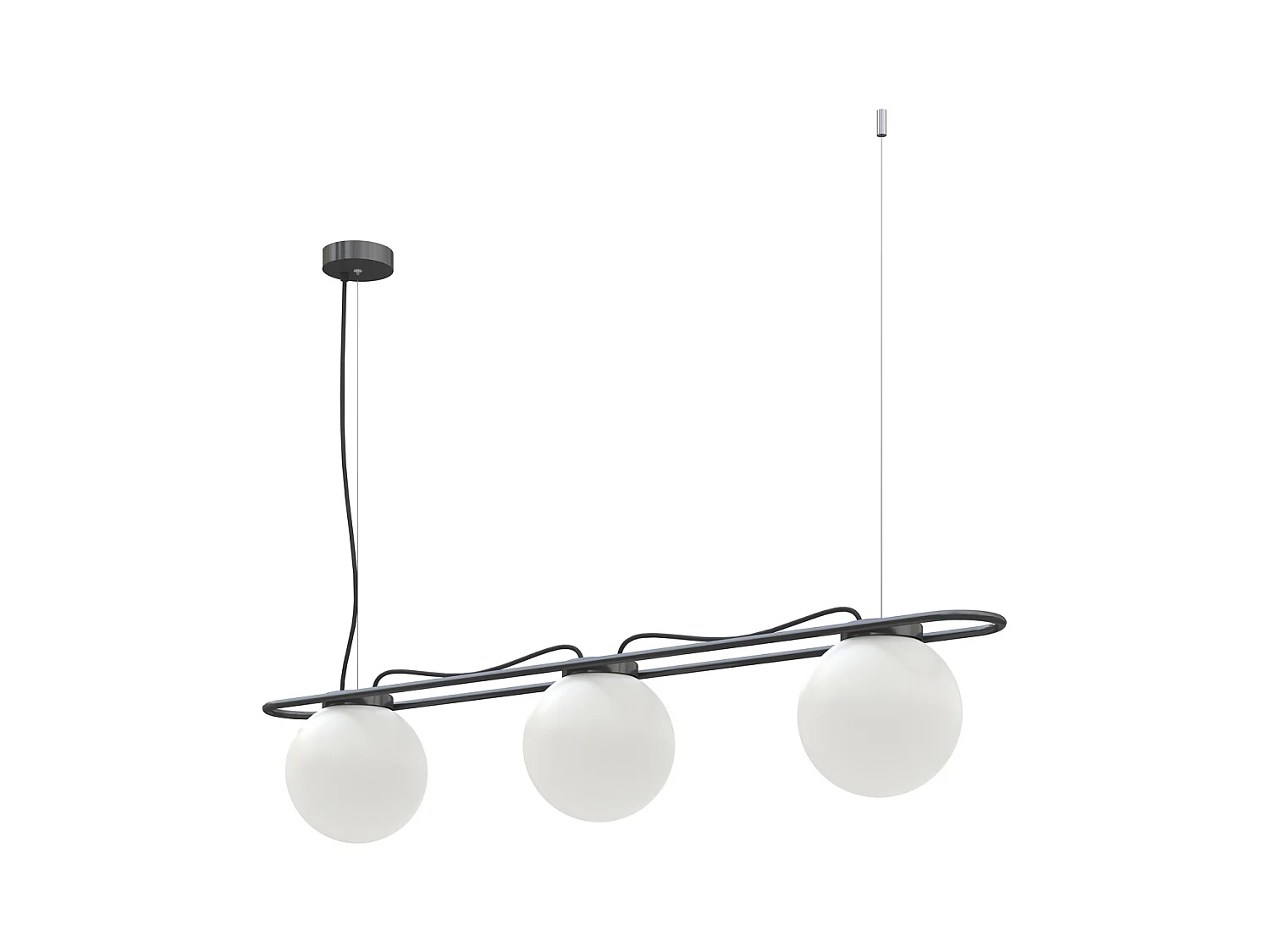 OXY plafondlamp, klassieke en tijdloze stijl - D. 20 cm x H. 130 cm - 3x opaal bol ø20 - 3 m kabel - E27 40W - IP40 - staal en zwart