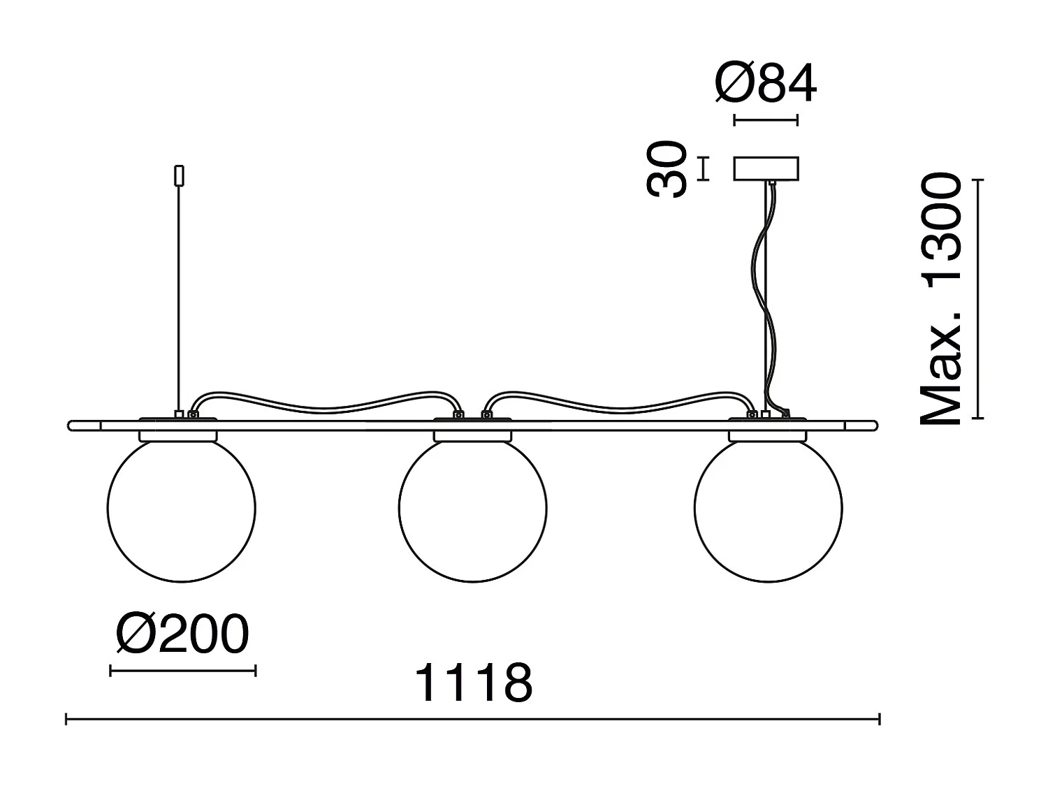 OXY Deckenleuchte, klassischer und zeitloser Stil – D. 20 cm x H. 130 cm – 3x Opalkugel ø20 – 3 m Kabel – E27 40W – IP40 – Stahl und Schwarz