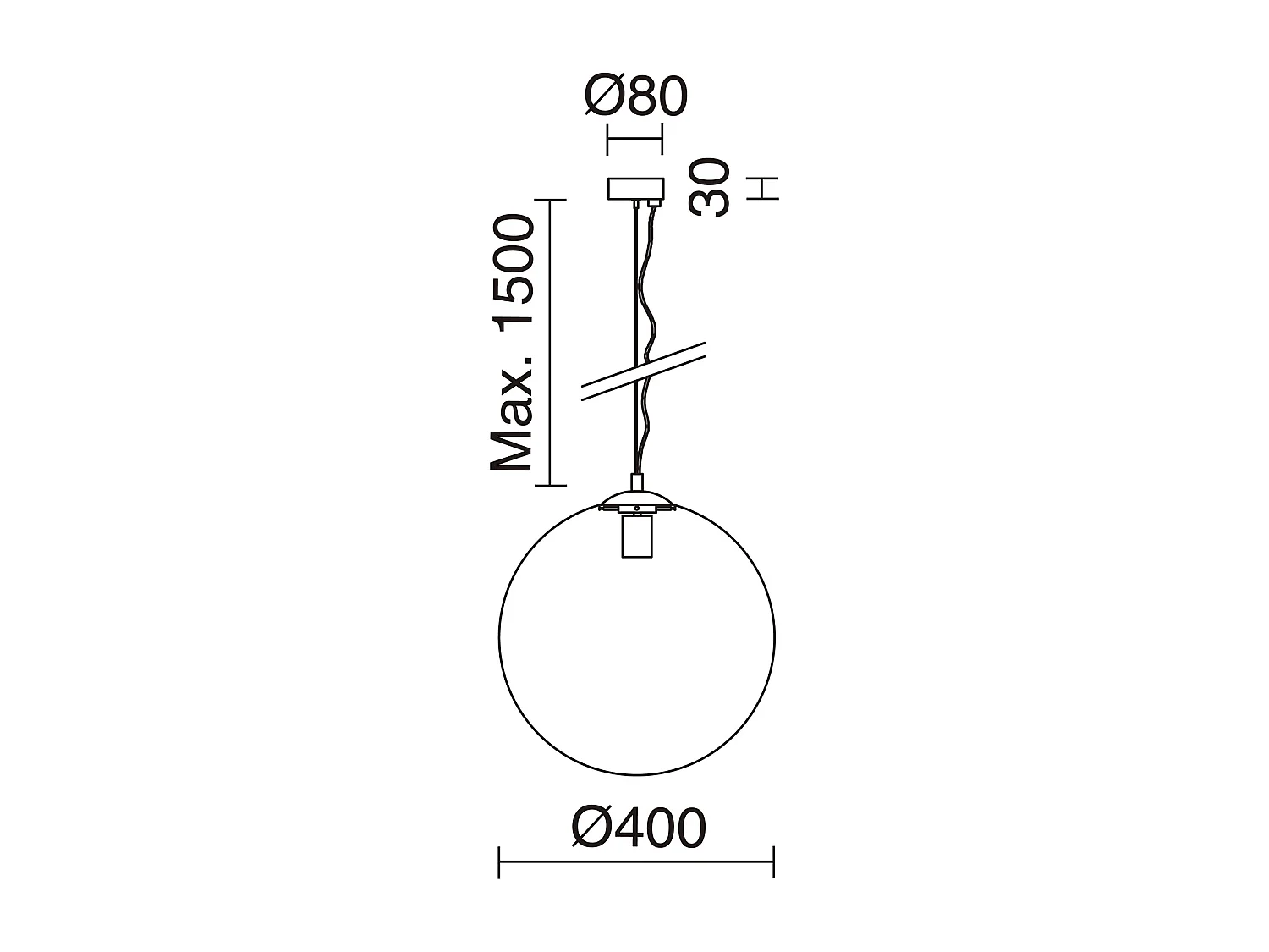 OXY plafondlamp klassieke en tijdloze stijl - D.ø40 cm x H. 150 cm - E27 40W - transparante bol ø40 cm - staal en zwart