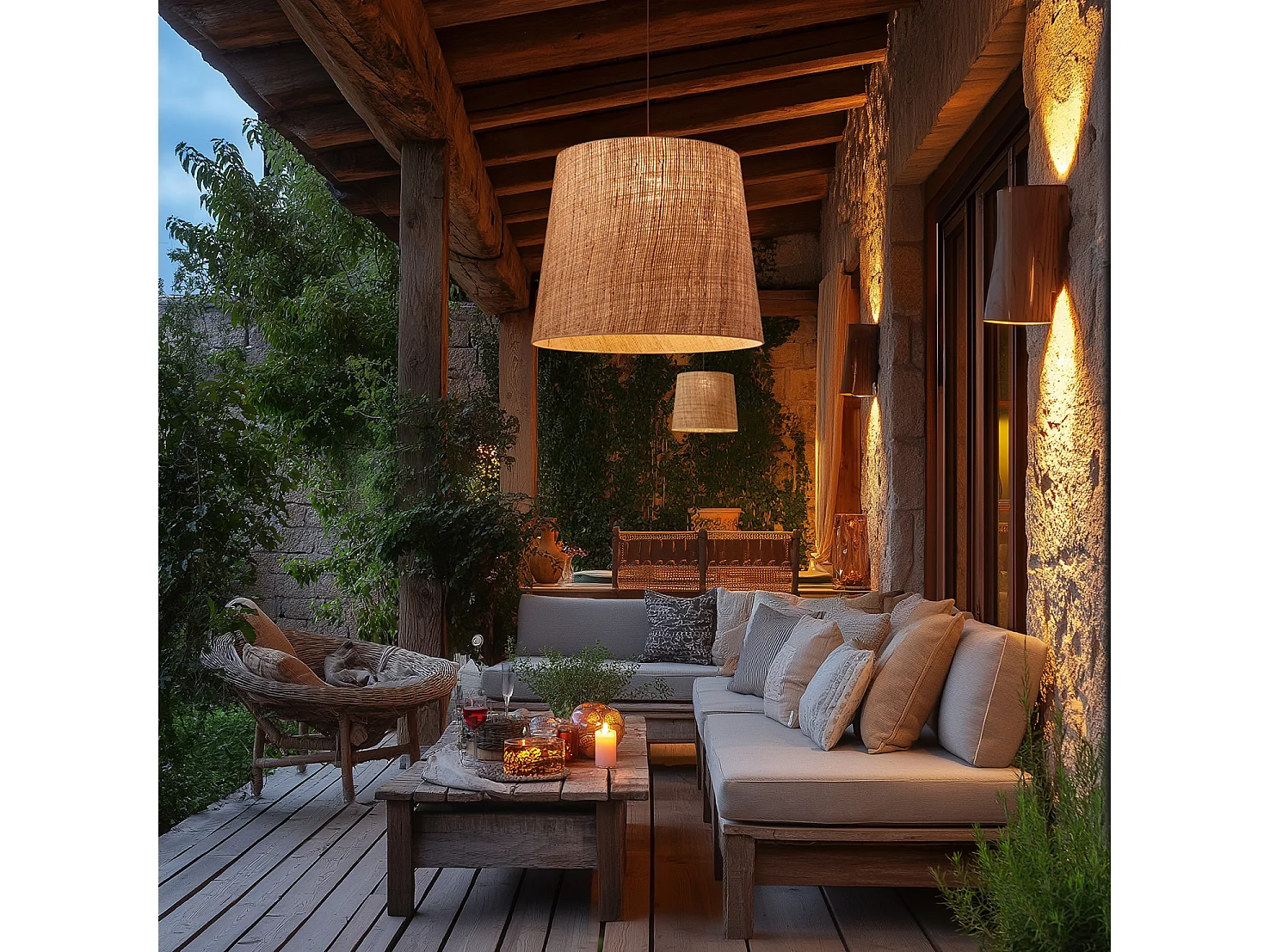 Lámpara de techo THAIS estilo moderno y escandinavo - Alt. 130 cm x D. 50 cm - E27 15W - IP65 - acero y rafia de bali