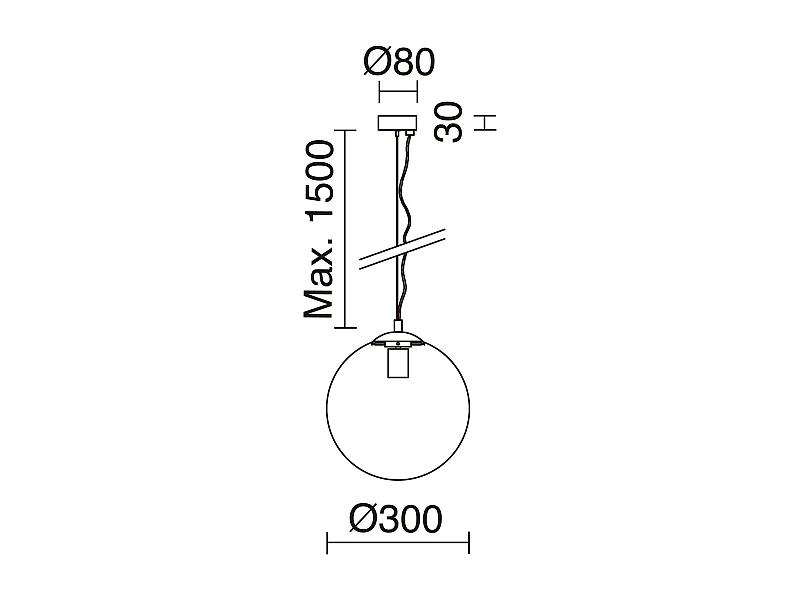 OXY plafondlamp in klassieke en tijdloze stijl - D.ø30 cm x H. 150 cm - E27 40W - opaal bol ø30 cm - staal en zwart