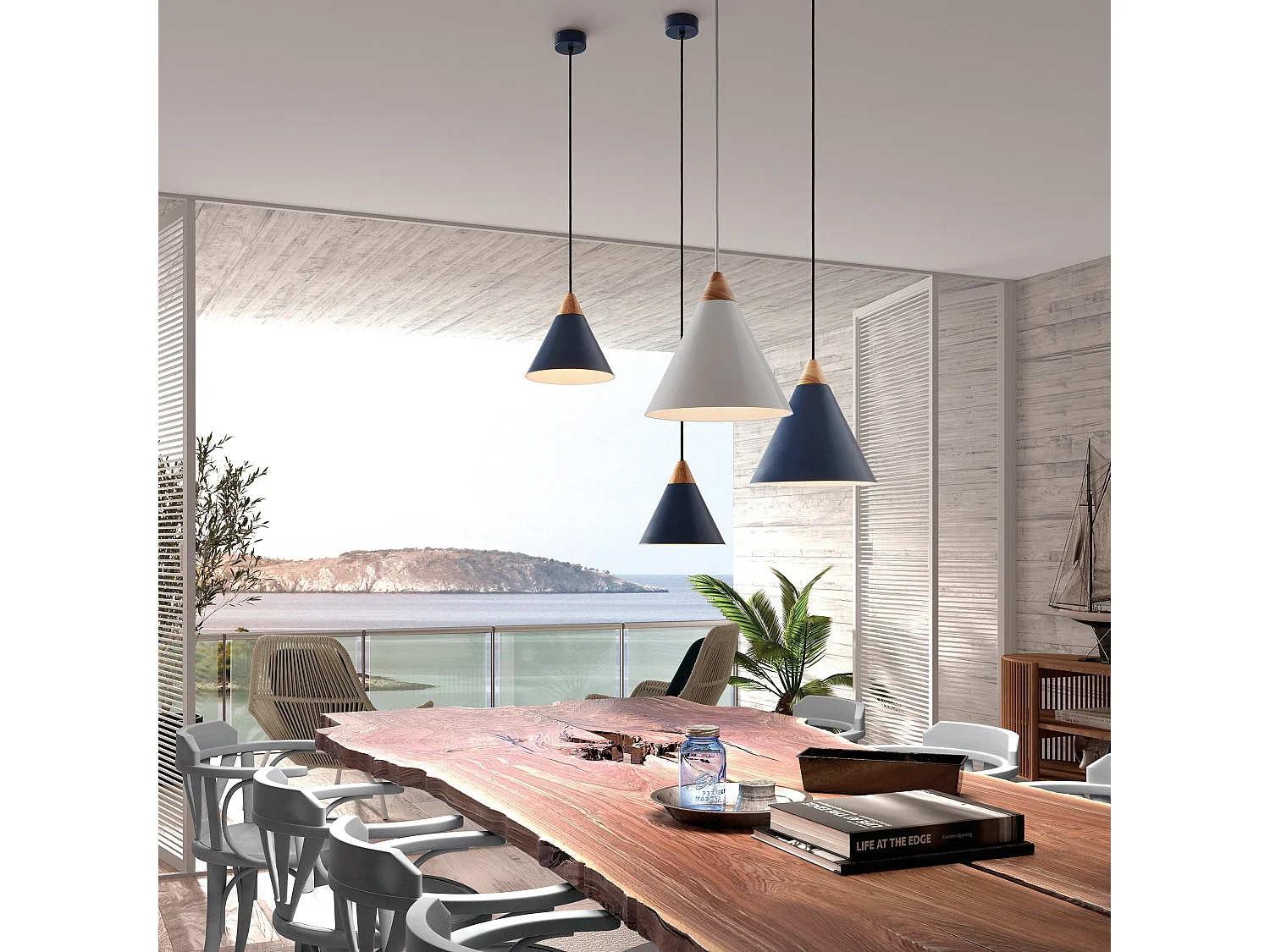 Lampada da soffitto moderna Oda-h.150cm x d.ø 25,5 cm-e27 60w-acciaio, legno-blu-ip20