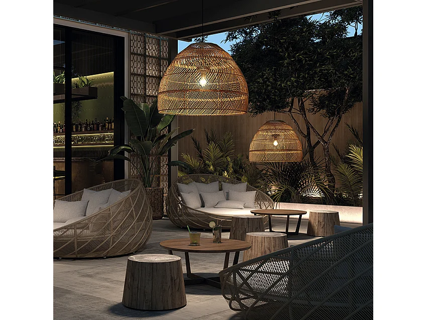 VIETNAM Plafondlamp in Scandinavische stijl - D. 40 x H. 130 cm - staal en natuurlijke vezels - zwart en licht riet - IP65- E27 - 15W - buiten