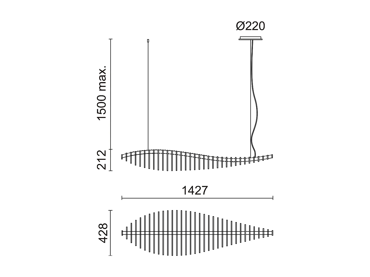 Plafonnier Poisson moderne-L.142,7cm x largeur 42,8cm-IP20, 26W LED-2,7K-120º-Blanc