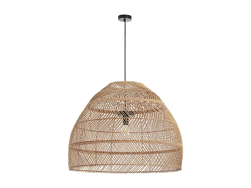 Lámpara de techo VIETNAM estilo escandinavo - D. 80 x Alt. 130 cm - acero y fibra natural - negro y mimbre oscuro - IP20- E27 - 15W - exterior