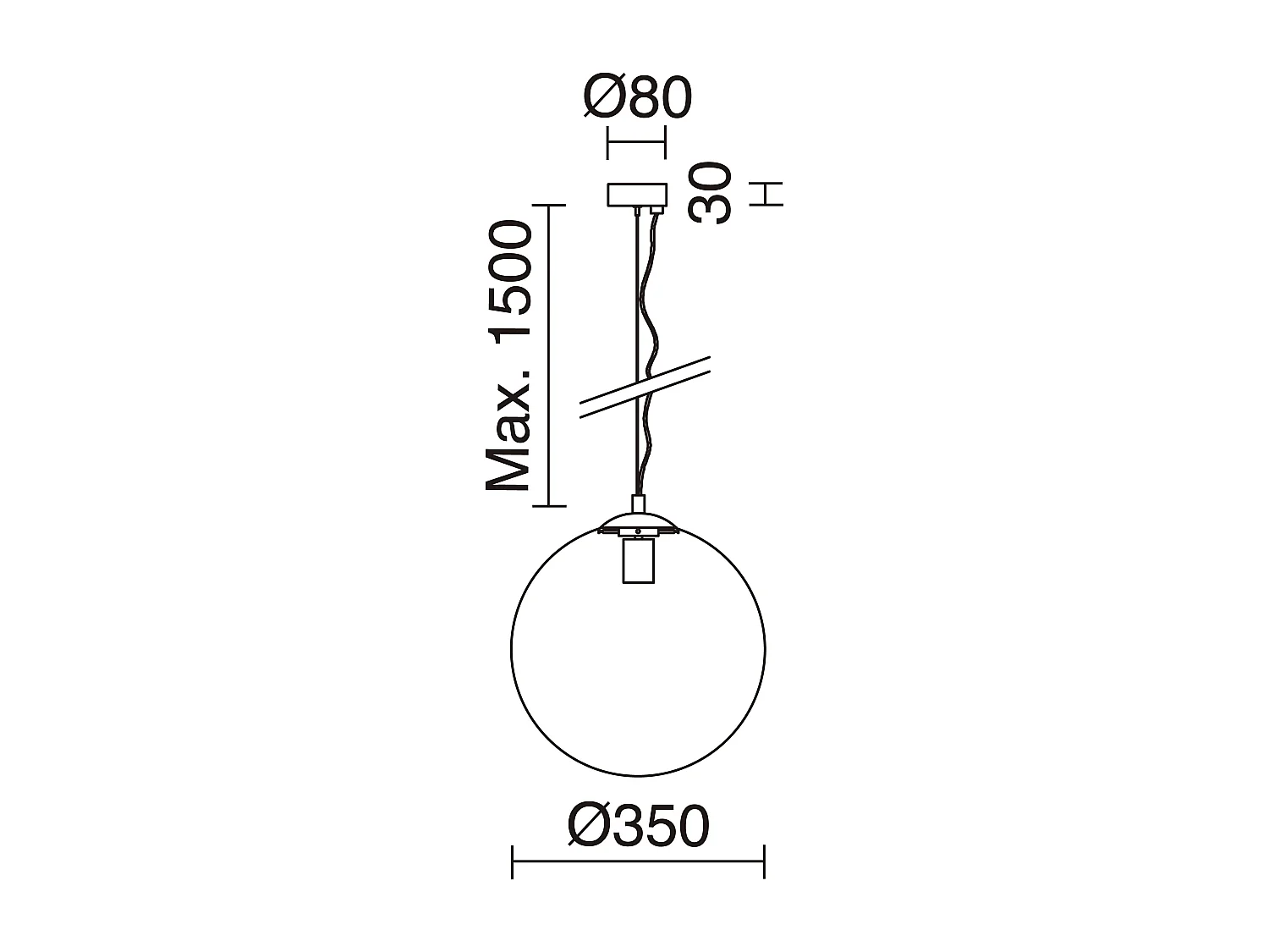 OXY Deckenleuchte im klassischen und zeitlosen Stil – D.ø35 cm x H. 150 cm – E27 40W – Opalkugel ø35 cm – Stahl und Schwarz