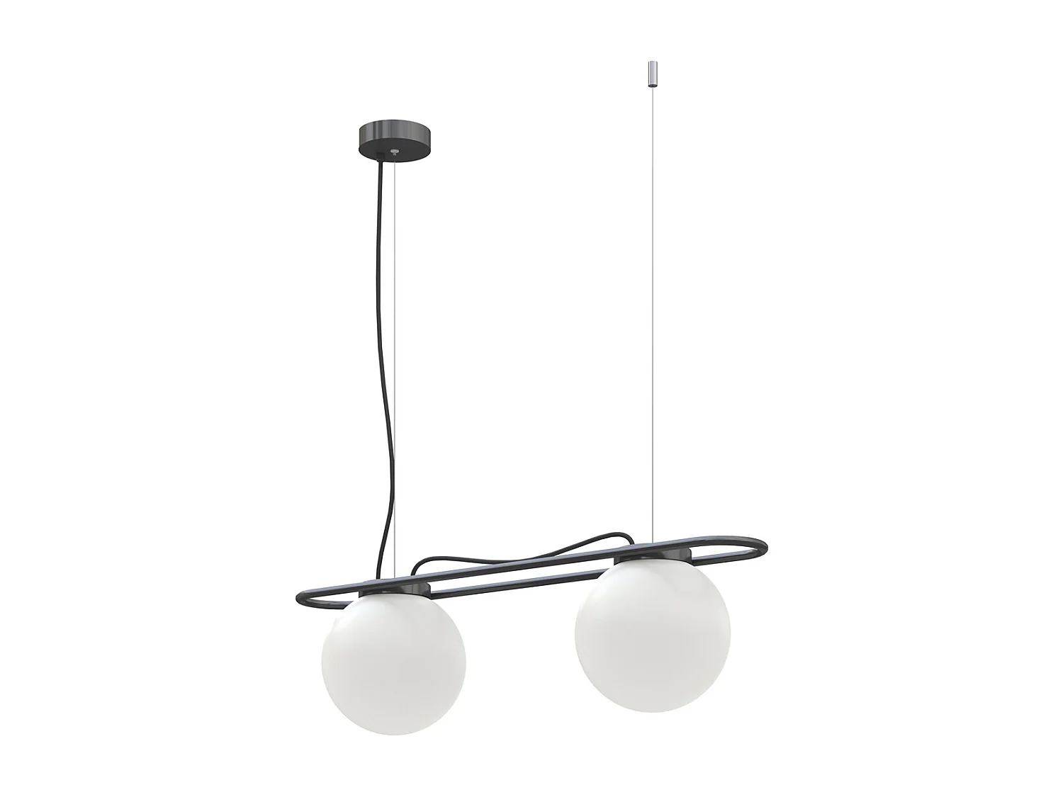 OXY plafondlamp, klassieke en tijdloze stijl - D. 20 cm x H. 130 cm - 2x opaal bol ø20 - 3 m kabel - E27 40W - IP40 - staal en zwart