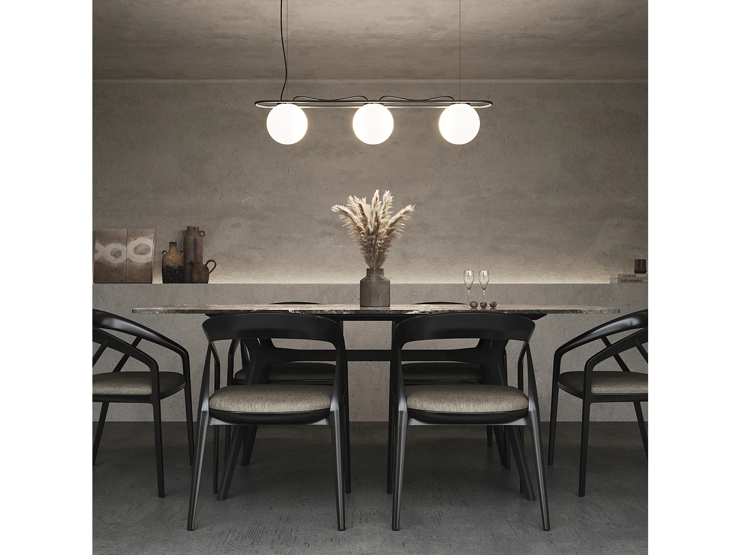 OXY plafondlamp, klassieke en tijdloze stijl - D. 20 cm x H. 130 cm - 2x opaal bol ø20 - 3 m kabel - E27 40W - IP40 - staal en zwart