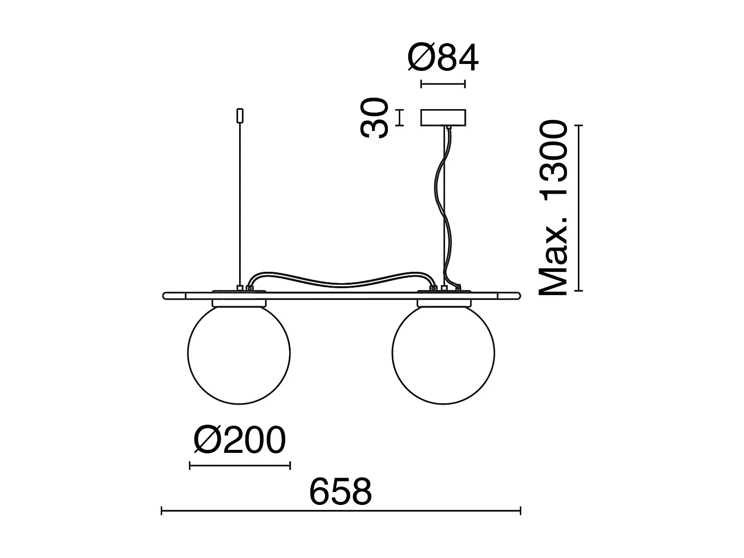 OXY plafondlamp, klassieke en tijdloze stijl - D. 20 cm x H. 130 cm - 2x opaal bol ø20 - 3 m kabel - E27 40W - IP40 - staal en zwart