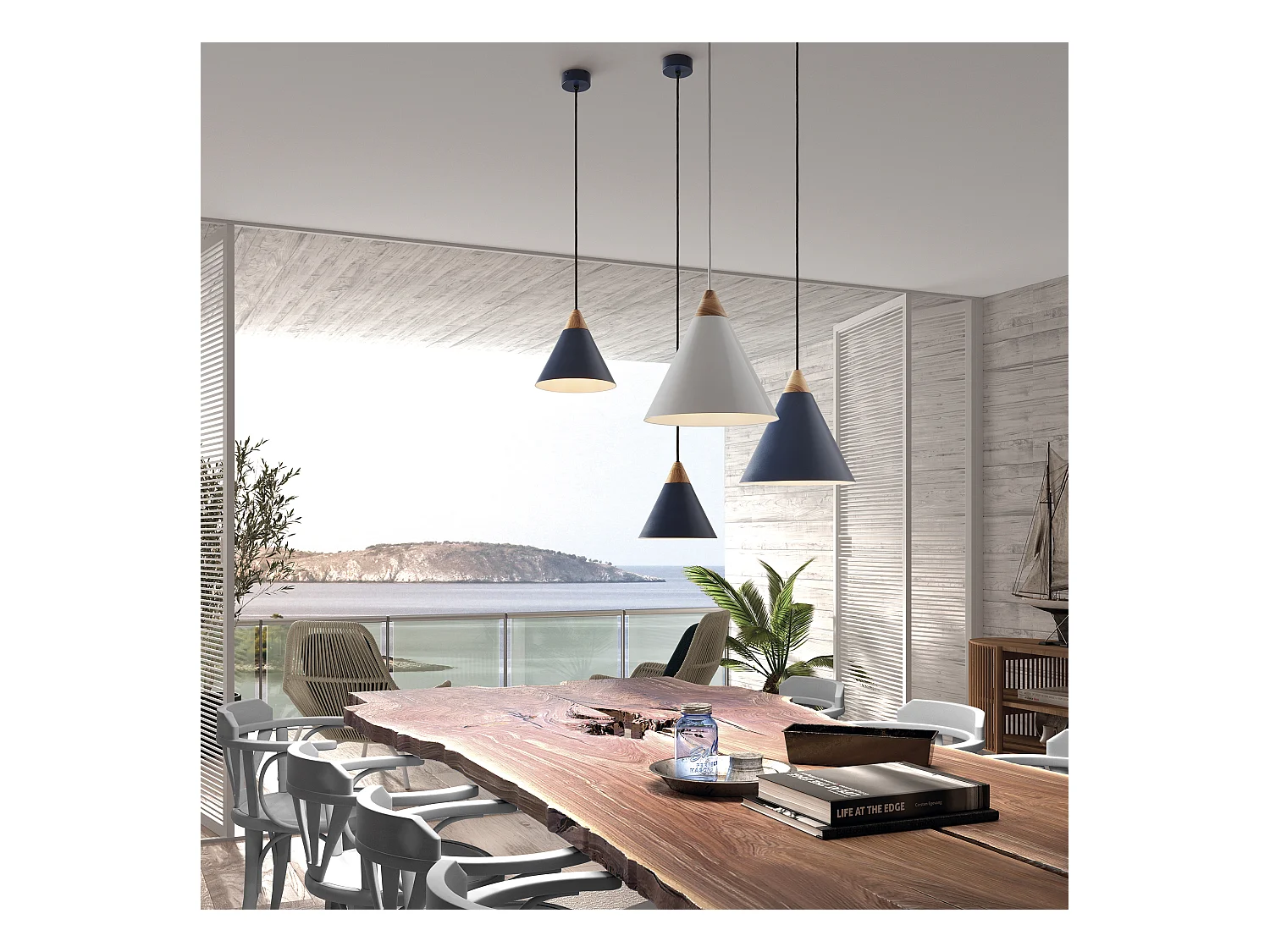 Lampada da soffitto moderna Oda-h.150cm x d.ø 20 cm-e27 60w-acciaio, legno-blu-ip20