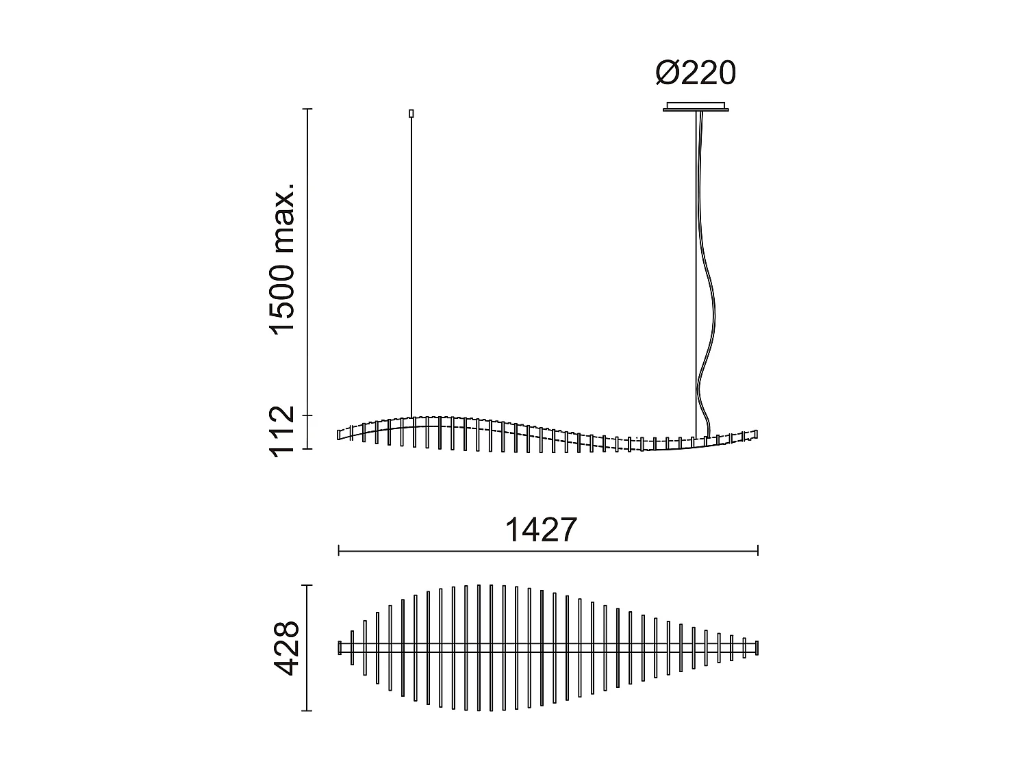 FISH hout en aluminium plafondlamp - moderne stijl - Lengte 142,7 x Breedte 42,8 cm x H 150 cm max - IP20, 26W SMD LED - 2870 lm - 2,7K - 120º - wit