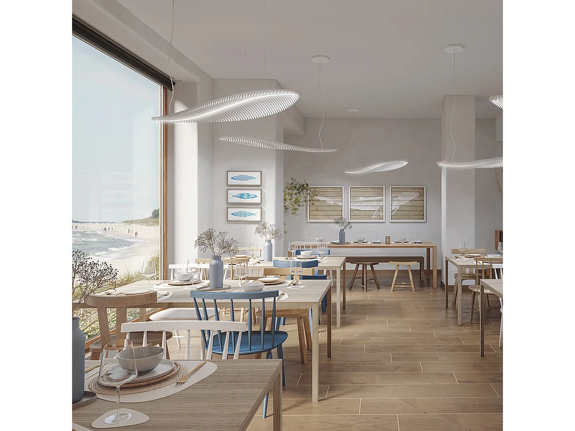 Plafonnier Poisson moderne-L.142,7cm x largeur 42,8cm-ip20, led 26w-2,7k- 120º-blanc