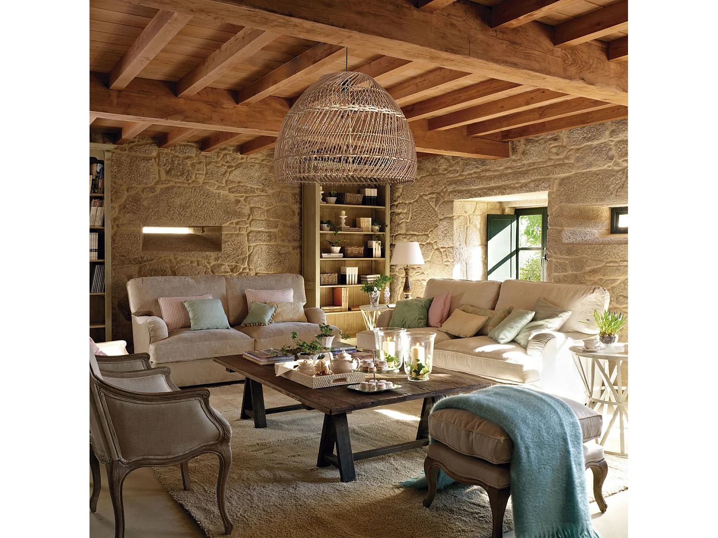 Lámpara de techo VIETNAM estilo escandinavo - D. 40 x Alt. 130 cm - acero y fibra natural - negro y mimbre claro - IP20- E27 - 15W - interior