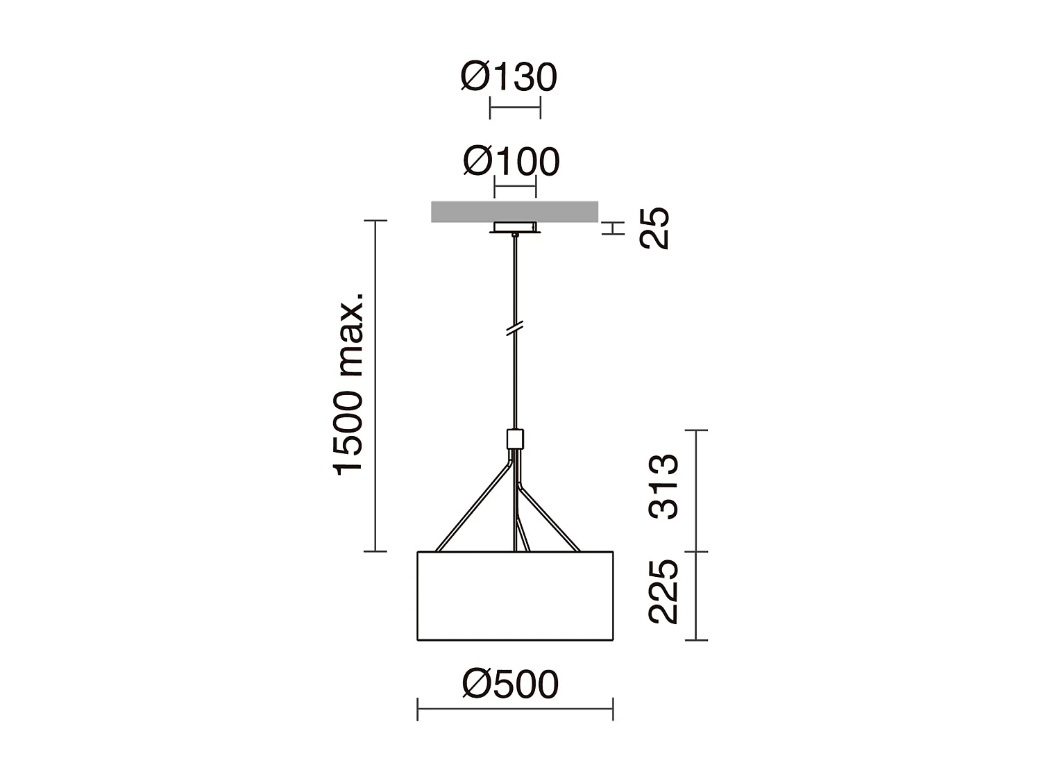 Candeeiro de teto DIAGONAL estilo moderno - A. 150 cm - 3x E27 13W - abat-jour sintético ø50 cm - aço e branco - IP20 - interior