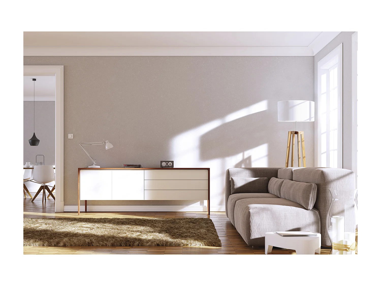 KARA vloerlamp moderne en klassieke stijl -Alt. 158 cm x D. ø45 cm - E27 60W - 2 m kabel - aan&uit - IP20 - hout - staal en wit katoen