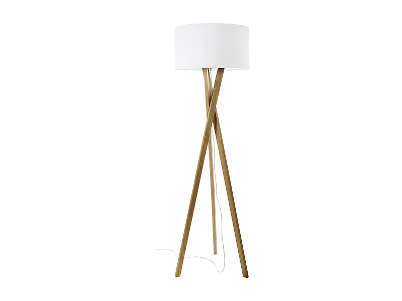 Lámpara de pie WOOD estilo clásico - Alt. 160 cm - E27 60W -  cable 2 metros - on&off - madera de haya - pantalla ø45 cm - algodón blanco