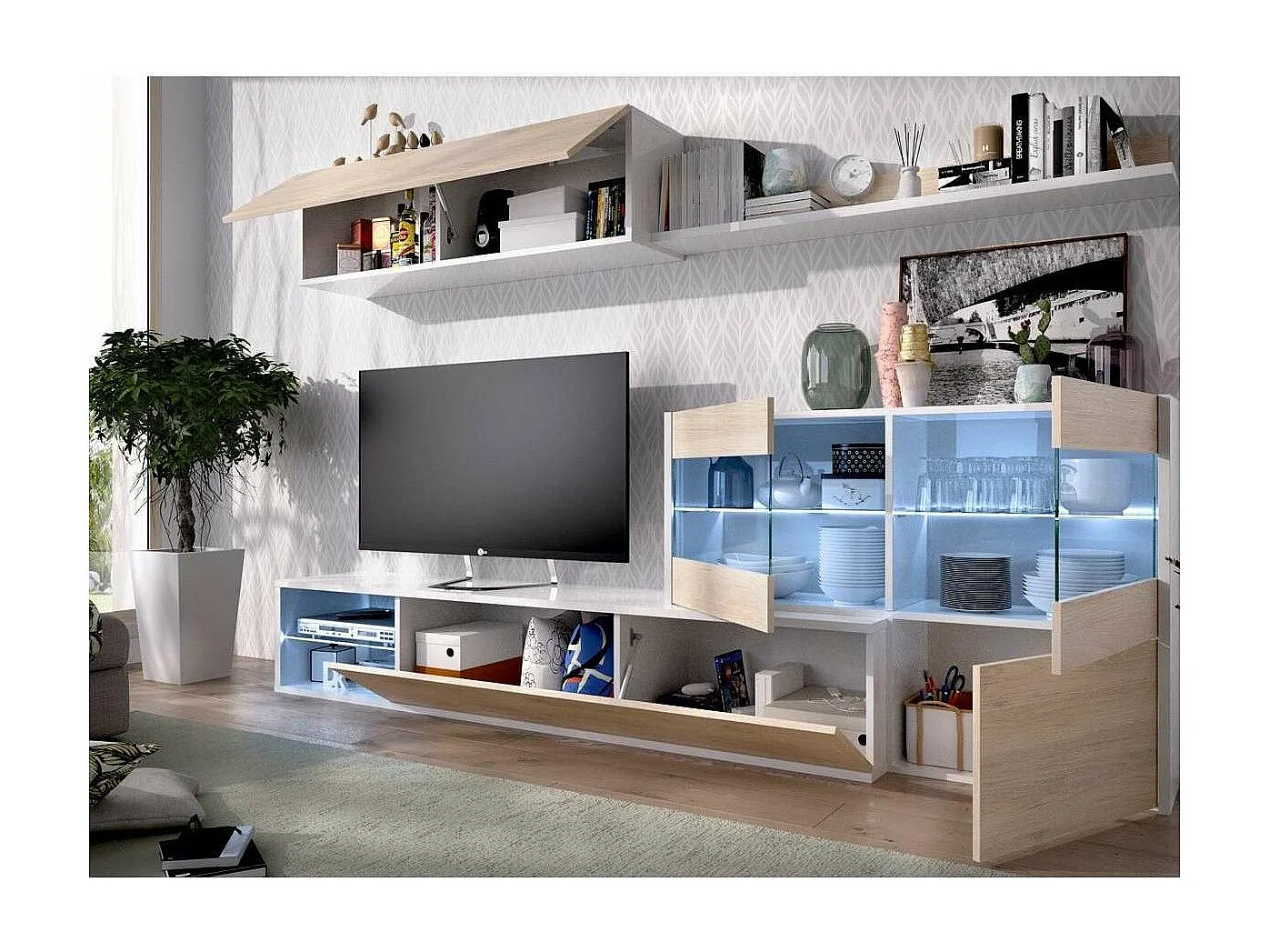 Mueble salón Espeluy flexible en blanco/natural con leds 260 cm(ancho), 41 cm(largo)