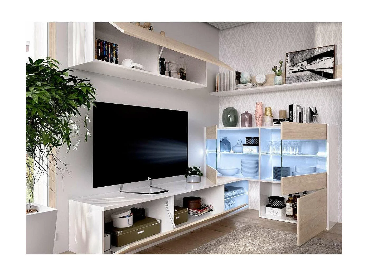 Mueble salón Espeluy flexible en blanco/natural con leds 260 cm(ancho), 41 cm(largo)