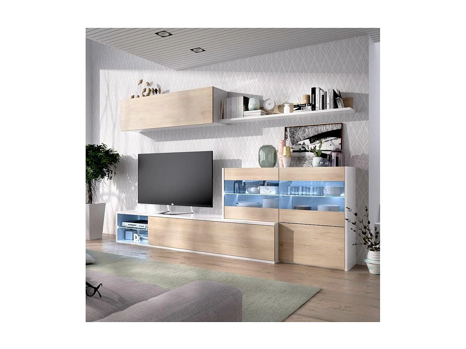 Mueble salón Espeluy flexible en blanco/natural con leds 260 cm(ancho), 41 cm(largo)