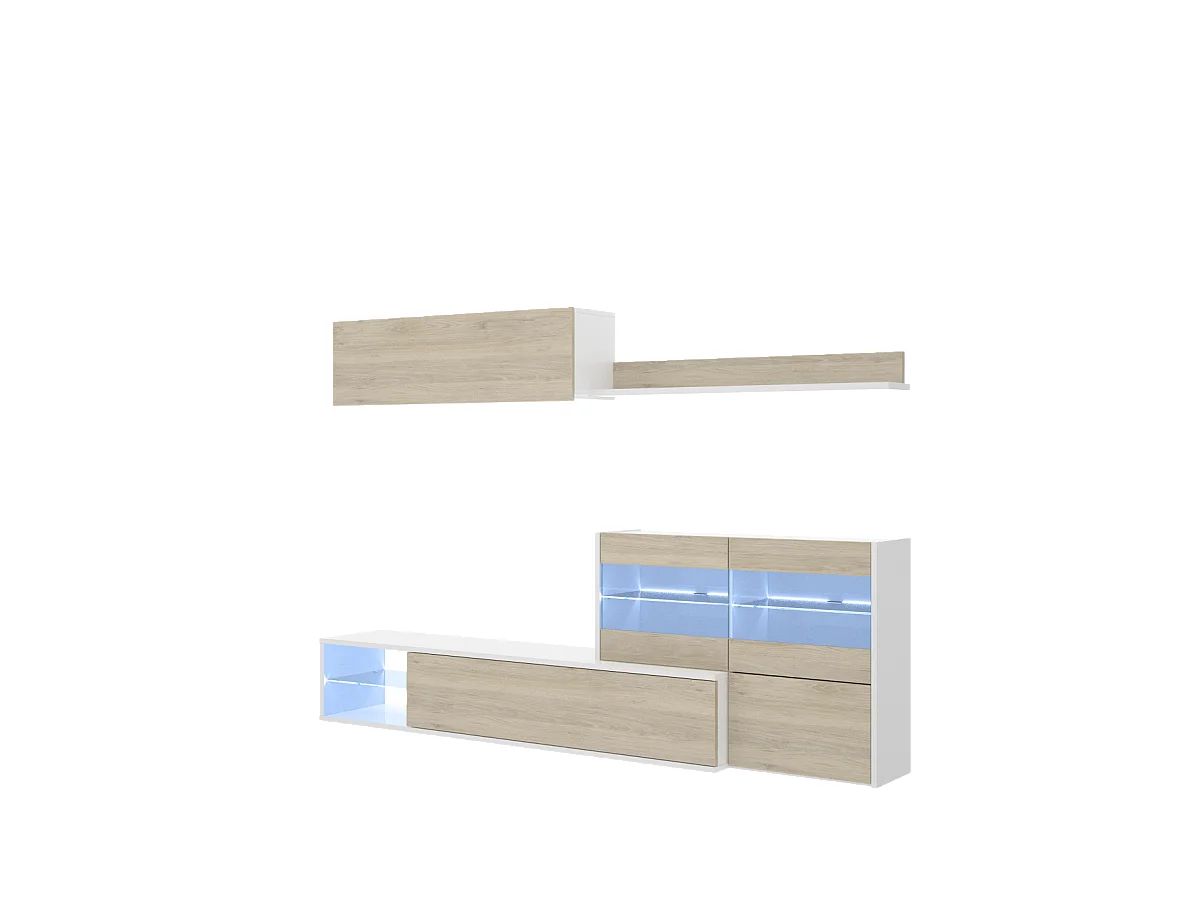 Mueble salón Espeluy flexible en blanco/natural con leds 260 cm(ancho), 41 cm(largo)