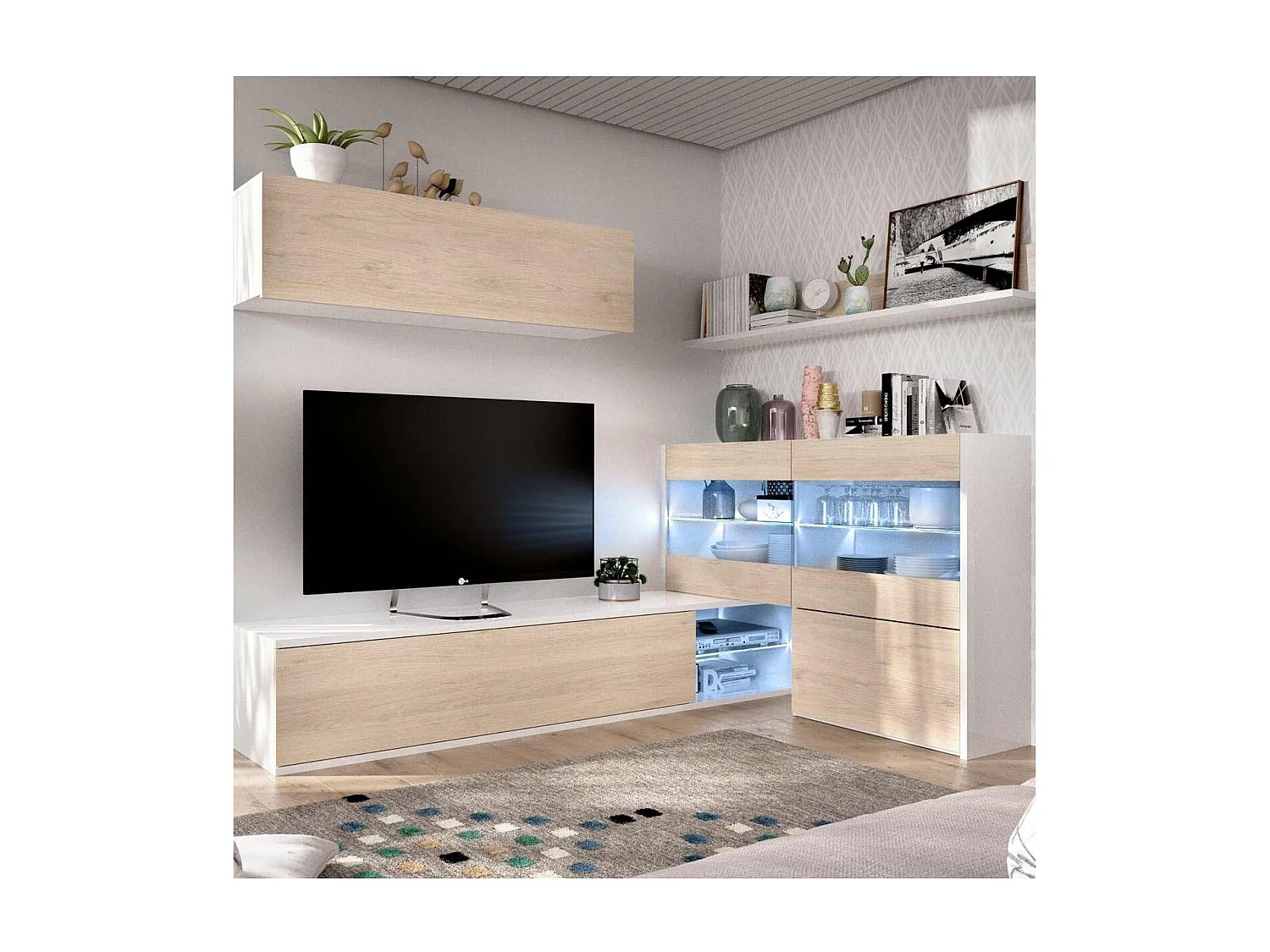 Mueble salón Espeluy flexible en blanco/natural con leds 260 cm(ancho), 41 cm(largo)