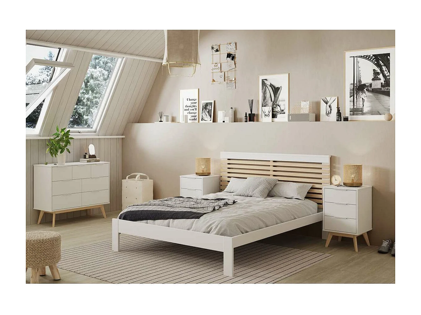 Cómoda 7 cajones Campos acabado blanco/blanco cera, 83cm(alto) 120cm(ancho) 40cm(largo)