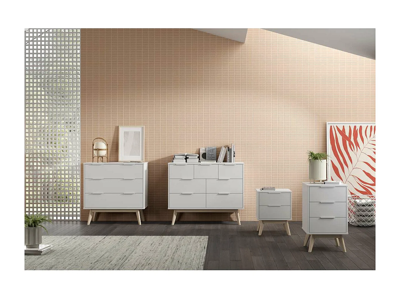 Cómoda 7 cajones Campos acabado blanco/blanco cera, 83cm(alto) 120cm(ancho) 40cm(largo)