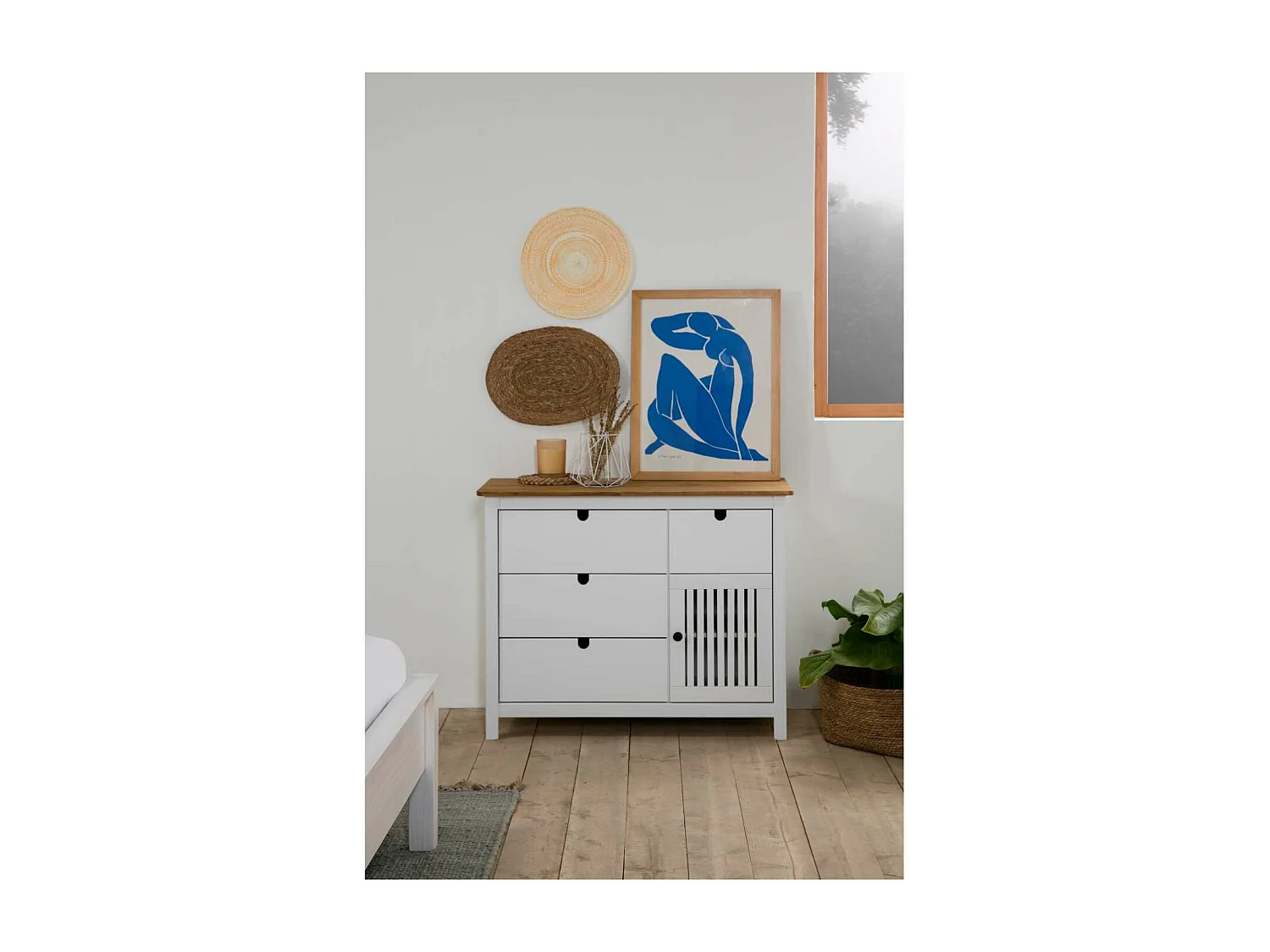 Cómoda 4 cajones 1 puerta acabado blanco modelo Luna, 100 cm(ancho) 80 cm(alto) 40 cm (fo