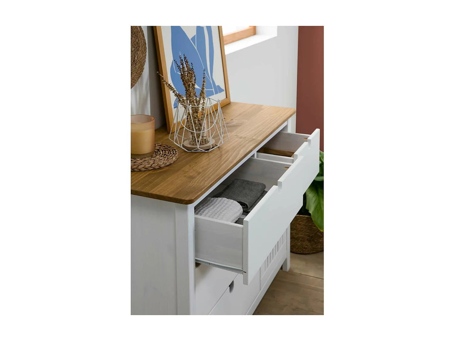 Cómoda 4 cajones 1 puerta acabado blanco modelo Luna, 100 cm(ancho) 80 cm(alto) 40 cm (fo