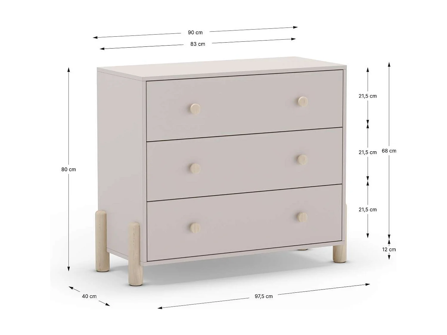 Cómoda 3 cajones Emma acabado blanco/cera blanco, 80cm(alto) 90cm(ancho) 40cm(largo)