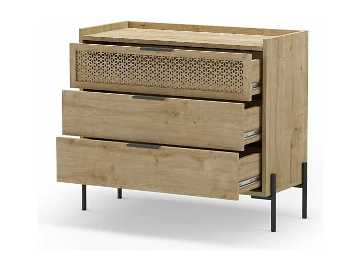 Cómoda para dormitorio modelo India 3 cajones acabado roble/negro, 90cm(ancho) 80cm(alto)