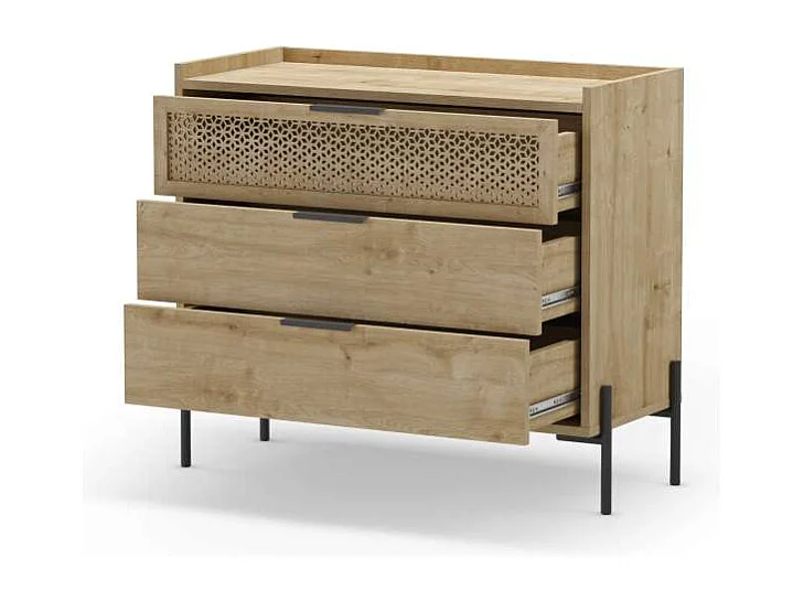 Cómoda para dormitorio modelo India 3 cajones acabado roble/negro, 90cm(ancho) 80cm(alto)