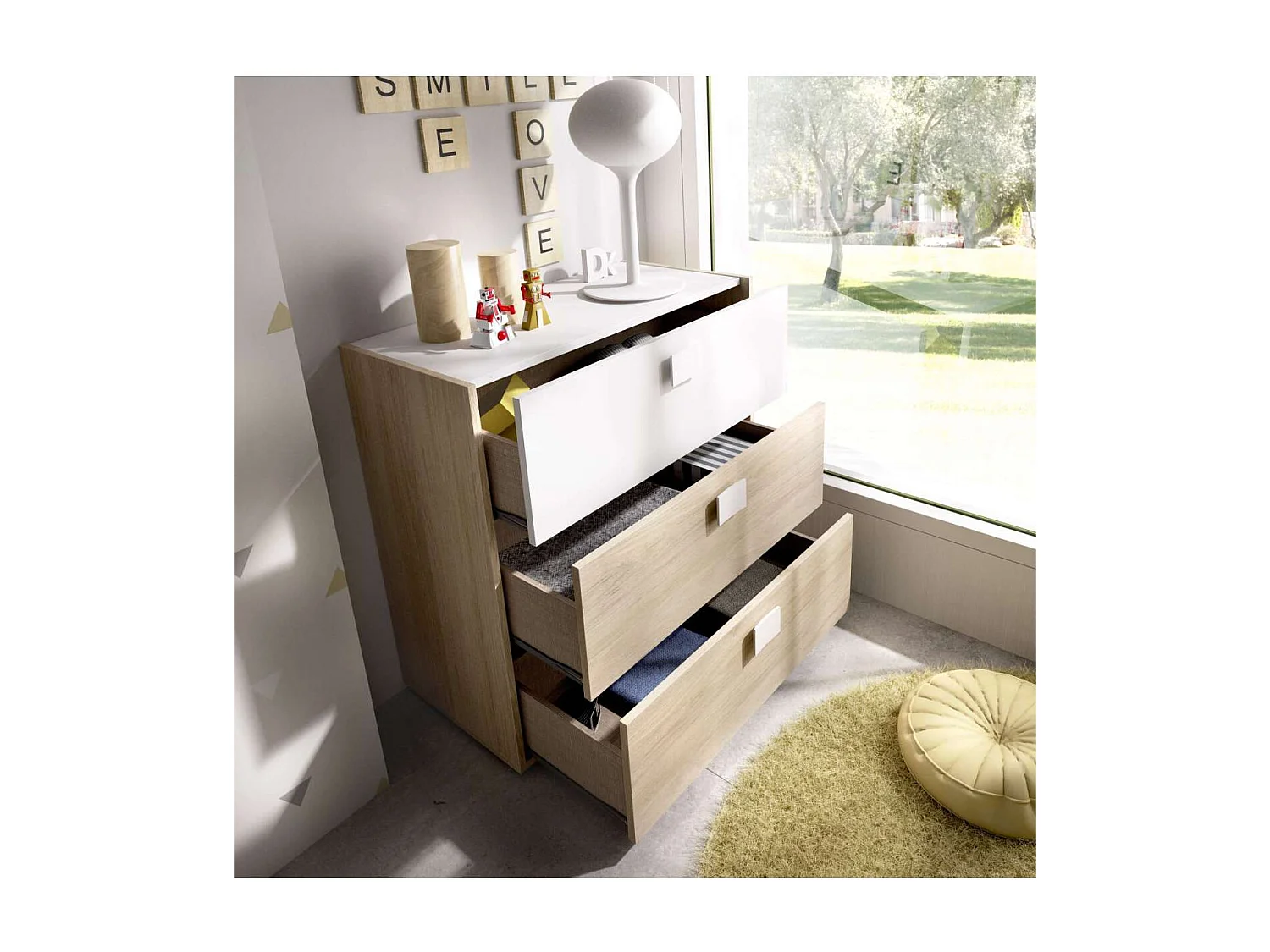 Comoda Santisteban 3 cajones en acabado natural/blanco 81 cm(alto)80 cm(ancho)43 cm(largo)